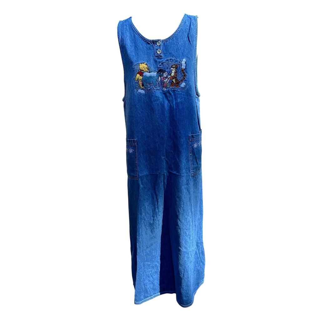 Vintage Disney Store Pooh Snowball Winter Denim Jumper Overall Dress Size Small